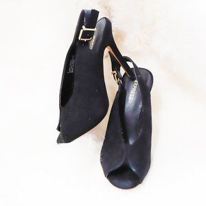 Express Faux Suede Open Toe Slingback Pumps